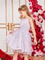 SHEIN Kids SUNSHNE Tween Girl Cute Daisy & Small Floral Mesh Puff Princess Dress