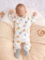 SHEIN Newborn Baby Boys' Cartoon Animal Pattern Color-block Long Sleeve Footed Romper
