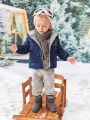 SHEIN Baby Boy Letter Flocking Dual Pocket Hooded Quilted Coat
