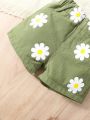 Baby Girl Floral Print Paperbag Waist Roll Up Hem Denim Shorts