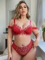 Plus Size Women'S Floral Embroidery Sheer Lingerie Set