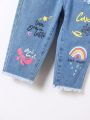 Baby Girl Unicorn & Rainbow Print Raw Hem Straight Leg Jeans