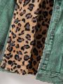 Girls' Casual Shirt Collar Printed Denim Leopard Jacket, Medium Thickness