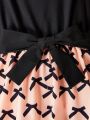 SHEIN Kids Nujoom Girls' Bow Knot Tie Print Patchwork Dress