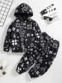 SHEIN Kids Cooltwn Toddler Boys' Casual Comfortable Letter Print Hooded Sweatshirt And Pants Set