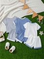 Leisure Convenient Color Blocking Off Shoulder Top & Elastic Waistband Shorts Set For Baby Boys, Both For Daily Wearing And Going Out