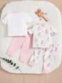 SHEIN Newborn Baby Girls' Butterfly Design Round Neck Short Sleeve Top And Footed Pants 4pcs/Set