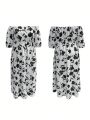 Plus Size Women'S Floral Printed One-Shoulder Split Hem Maxi Dress
