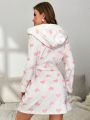 Heart Print Contrast Fuzzy Trim Belted Robe