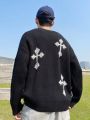 Men's Cross Pattern Round Neck Drop Shoulder Sleeve Sweater
