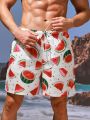 Men's Watermelon Print Drawstring Waist Beach Shorts
