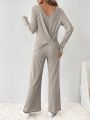 SHEIN Frenchy Solid Color Ribbed Knit Long Sleeve Casual 2-Piece Set