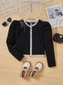 SHEIN Kids EVRYDAY Girls' Knit Colorblock Beaded Jacket For Casual Wear