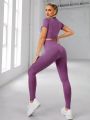 2pcs Seamless High Stretch Yoga Set Sports Suit Raglan Sleeve Sports Tee Tummy Control Sports Leggings