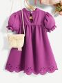 SHEIN Kids EVRYDAY Little Girls' Vintage Elegant Puff-Sleeve Dress With Hollowed-Out Burnout Bubble Pattern