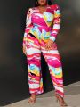 SHEIN Slayr Plus Size Women'S Full Print Jumpsuit With Leg Of Mutton Sleeves