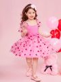SHEIN Kids FANZEY Little Girl's Love Mesh Puff Sleeve Fitted Elegant Dress