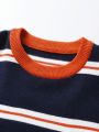 Tween Boys Striped Pattern Pocket Patched Drop Shoulder Sweater