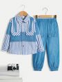 SHEIN Toddler Boys' Blue Patchwork Long Sleeve Shirt And Pants Two Piece Set, Autumn And Winter