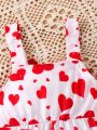 Baby Girls' Heart Pattern Printed Romper With Large Bow Decoration