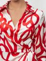 SHEIN BIZwear Women'S Full Print Turn-Down Collar Long Sleeve Dress