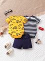 SHEIN Baby Boy'S Striped Short Sleeve Romper And Cartoon Car Printed Romper And Shorts Set For Outdoor Leisure In Summer