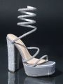 Metallic PU Leather Strappy Platform Block Heel Sandals