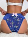 1pc Flower Patterned Lace Thong With Bowknot Decor