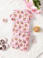 SHEIN Baby Girls' Cute Cartoon Fries & Burger Pattern Tight-Fitting Homewear Set
