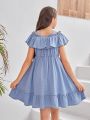 SHEIN Kids SUNSHNE Tween Girls' Solid Color Loose Fit Casual Dress With Ruffled Hem And Gathered Waist