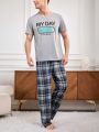 Men's Battery & Letter Printed Top And Plaid Pants Homewear Set