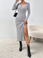 SHEIN Essnce Knitted Dress With High Side Slit And Button Detail