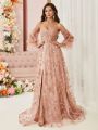 SHEIN Belle Women'S Off Shoulder Embroidery Star & Sequin Decor Maxi Evening Dress With High Slit