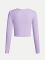 SHEIN Teen Girls' Solid Color Ribbed Round Neck Long Sleeve T-Shirt