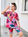 Young Girls' Fashionable Knitted Graffiti Print Sports Tracksuit