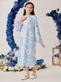 SHEIN Kids Nujoom Pre-Tween Girls' Flower Print Fuzzy Cuff Notched Neckline Long Dress