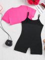 2pcs/Set Tween Girls' Sweet Cool Sport T-Shirt Matched With Letter Print Cami Romper Knitted