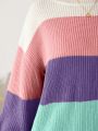 SHEIN Teenage Girls' Color Block Casual Loose Fit Round Neck Sweater With Long Sleeves