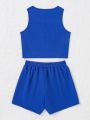 SHEIN Teen Girls' Knitted Texture Vest Top With Bow Knot & Short Pants Basic Casual Two Piece Set