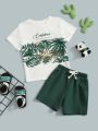 SHEIN Kids SUNSHNE Toddler Boys Tropical and Slogan Graphic Top & Shorts Set