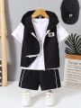SHEIN Kids EVRYDAY Toddler Boys' Casual Sporty Vest With Zippered Opening, Matching Solid Color Short Sleeve T-Shirt And Shorts