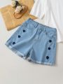 SHEIN Kids KDOMO Girls' Embroidered Heart Design Folded Hem Multi-pocket Denim Shorts - For Older Girls