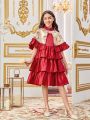 SHEIN Kids Nujoom Tween Girls' Slim Fit Cute Shawl Neckline Dress Two Pieces Set