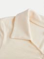 SHEIN Teen Girls' Knitted Ribbed Fabric Bag Buckle Design Irregular Hem T-Shirt