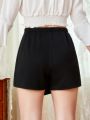 SHEIN Teenage Girls' Knitted Solid Color Skorts With Metallic Buckle Decoration For Casual Wear