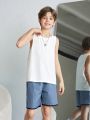 SHEIN Kids EVRYDAY Tween Boys' Loose Fit Casual Vest, Shorts, And Weaved Tape Colorblocked Tank Top 3pcs Set