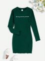 SHEIN Kids EVRYDAY Big Girl'S Knitted Pit Letter Embroidered Casual Long-Sleeved Slim Dress