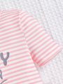 SHEIN Baby Girl Striped Letter Printed Short Sleeve Top And Cartoon Patterned Leggings Homewear Set