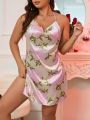 Plus Size Drape Neckline Floral Satin Spaghetti Strap Nightgown