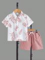 SHEIN Kids SUNSHNE Young Boy Leisure Comfortable Plant Print Top And Solid Color Shorts Set